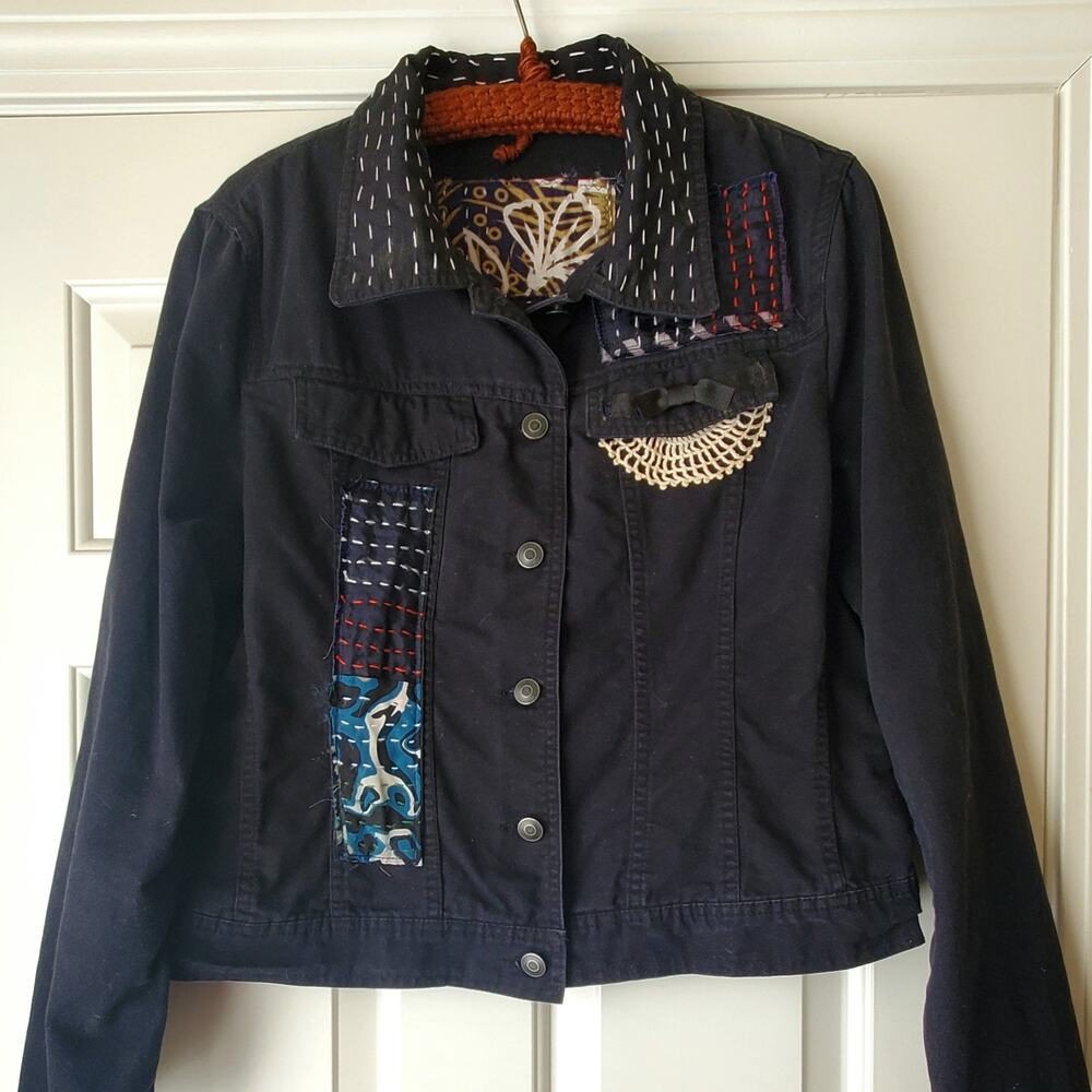 Restyled‎ Handsewn One of a Kind Denim Jacket .Wearable Art .Sz L